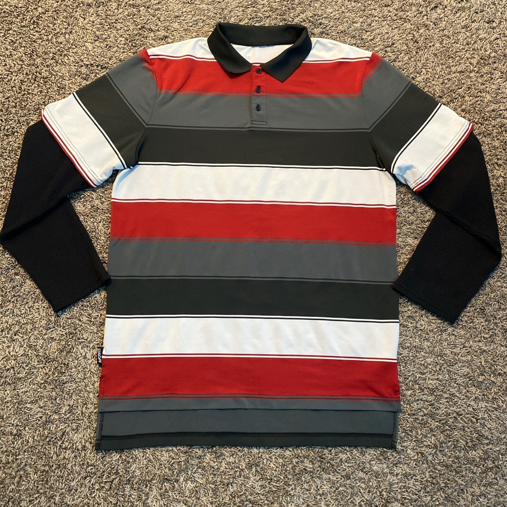 Vintage Burton Striped Thermal Polo T Shirt - Men's (L) - Blk/Gry/Red Snowboard